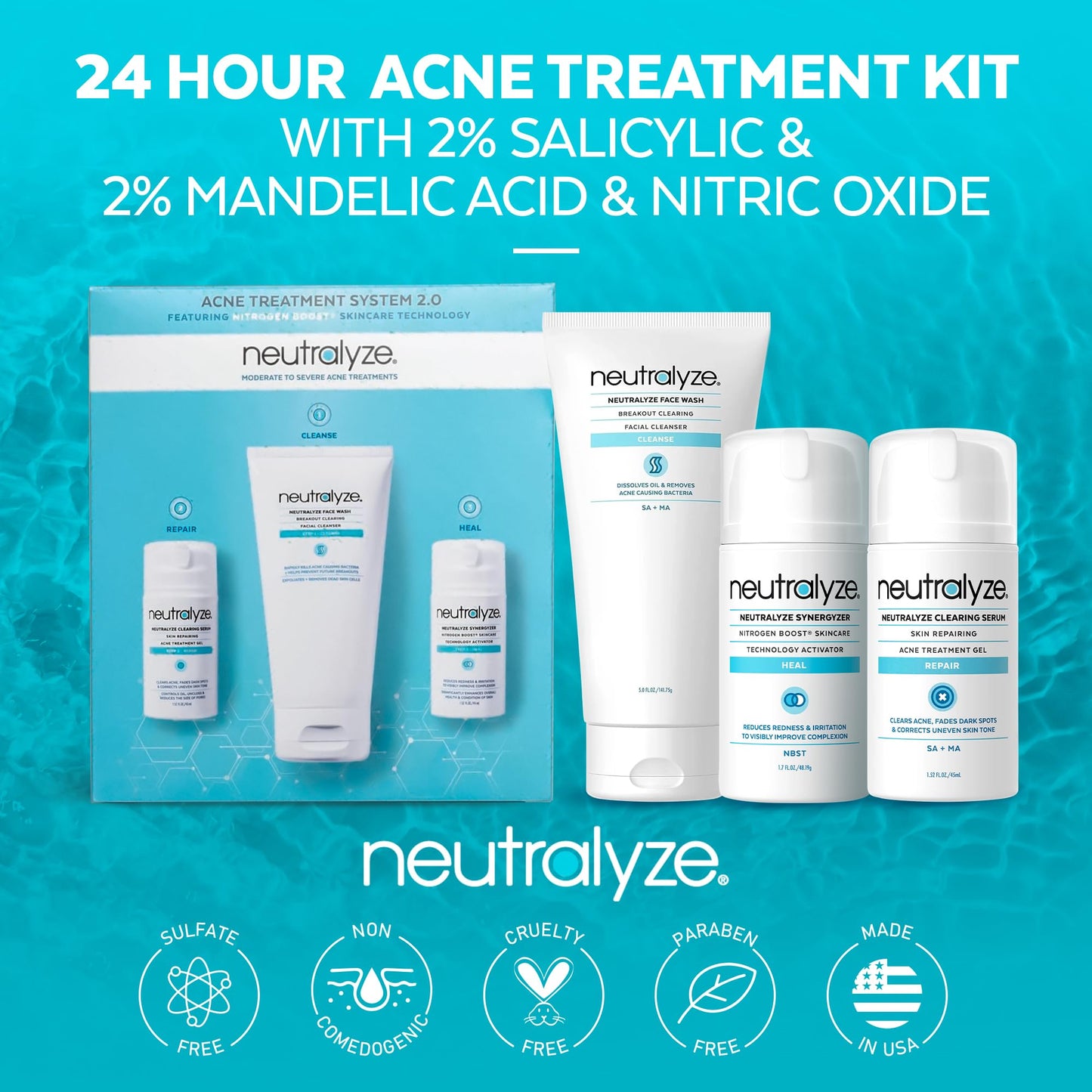 Neutralyze Moderate to Severe Acne Treatment Kit 2.0 - Maximum Strength 3 Step Acne Kit with 2% Salicylic Acid, 2% Mandelic Acid & Nitric Oxide - Includes Face Wash, Clearing Serum & Synergyzer