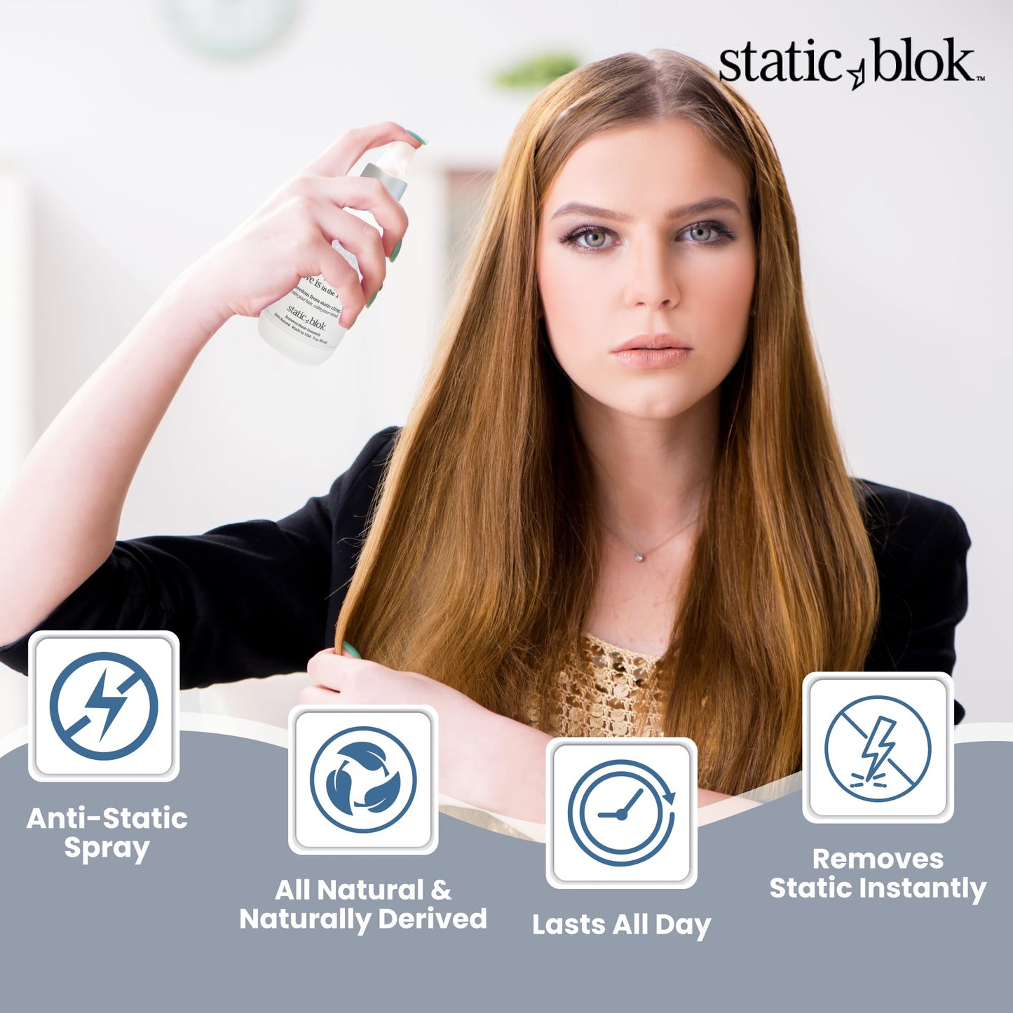 Static Blok Anti-Static Spray for Hair - Instantly Eliminate Static Cling, Shocks, Flyaways- Long-Lasting All-Day Freshness - works on Natural and Synthetic Wigs - 2oz Travel Size