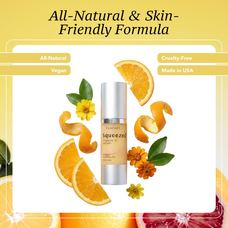Peaches Skin Care Squeezed Vitamin C Serum with Kakadu Plum, Gold and CoQ10 – Lightweight Hydrating Formula for Radiant-Looking Complexion – Vegan Skincare for Women, 1 fl oz