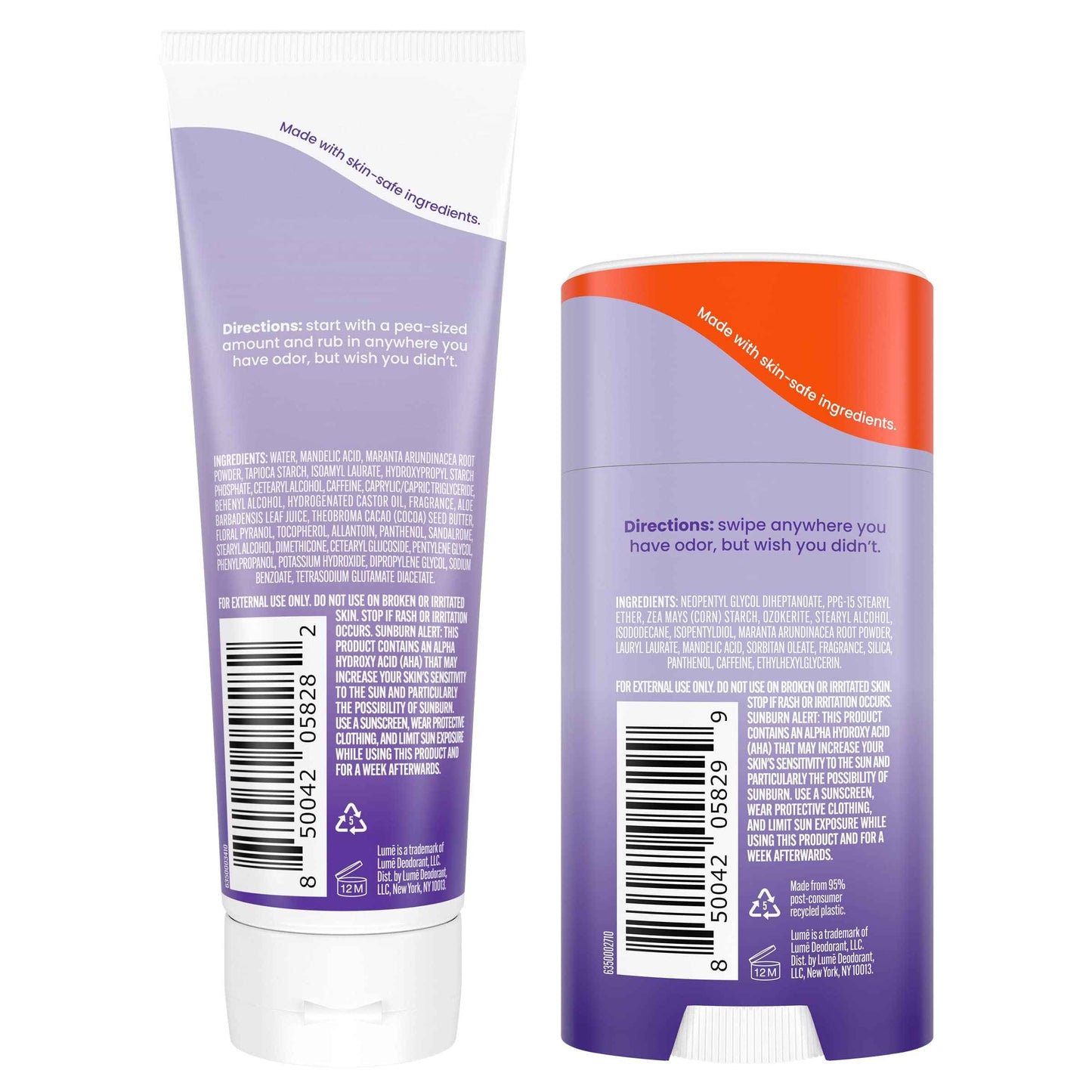 Lume Whole Body Deodorant - Invisible Cream - 72 Hour Odor Control - Aluminum Free, Baking Soda Free, Skin Safe - 3.0 Ounce Tube and 2.6 Ounce Solid Stick Bundle (Soft Powder)