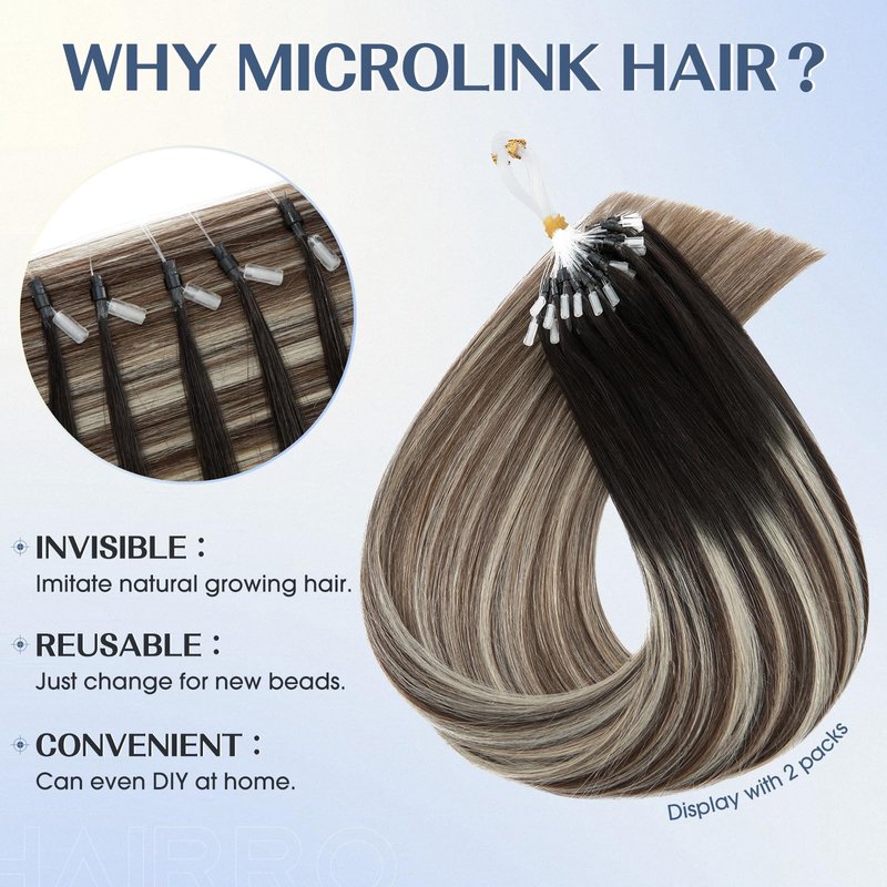 Hairro Micro Loop Hair Extensions Human Hair Microlinks Microbeads Remy Hair For Women Ombre Highlights Pre Bonded Cold Fusion Micro Bead In Hair 14 Inch 50g 50 Strands #1BT4P60