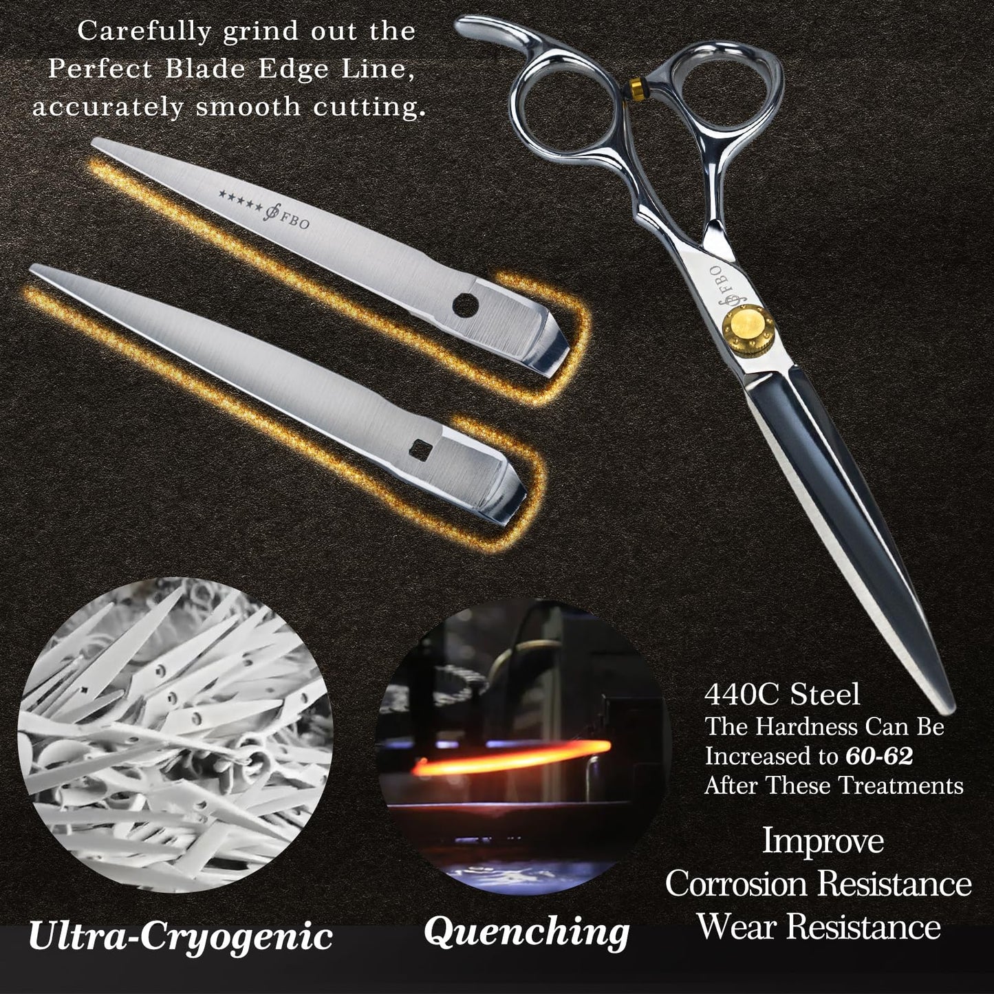 FBO Pro Hair Scissors 6.5" - 440C Steel, Precision Blades, Sharp Durable & Smooth Cutting, for All Hair Types, Home & Salon Use (Golden)