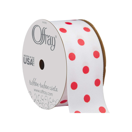 Offray 876716 1.5" Wide Grosgrain Ribbon, Red and White Polka Dot, 3 Yards