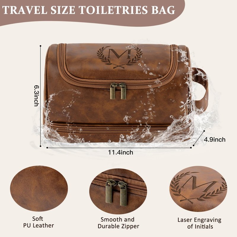Aganmi Engraved Initial Travel Toiletry Bag 21st 30th 40th 50th 60th 70th 75th 80th Birthday Gifts for Men Him, PU Leather Shaving Bag Gift for Dad Husband Boyfriend Brother Grandpa, Light Brown D