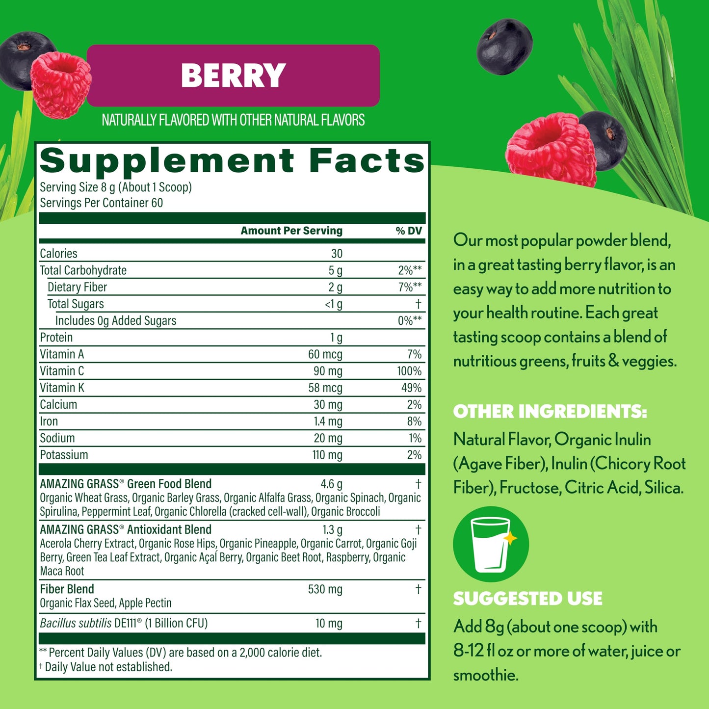 Amazing Grass Super Greens Powder, Organic, Greens Superfood Powder, Smoothie Supplements, Supports Digestion, Probiotics, Spirulina, Beet Root, Berry, 60 Servings, 16.9 Ounce (Packaging May Vary)