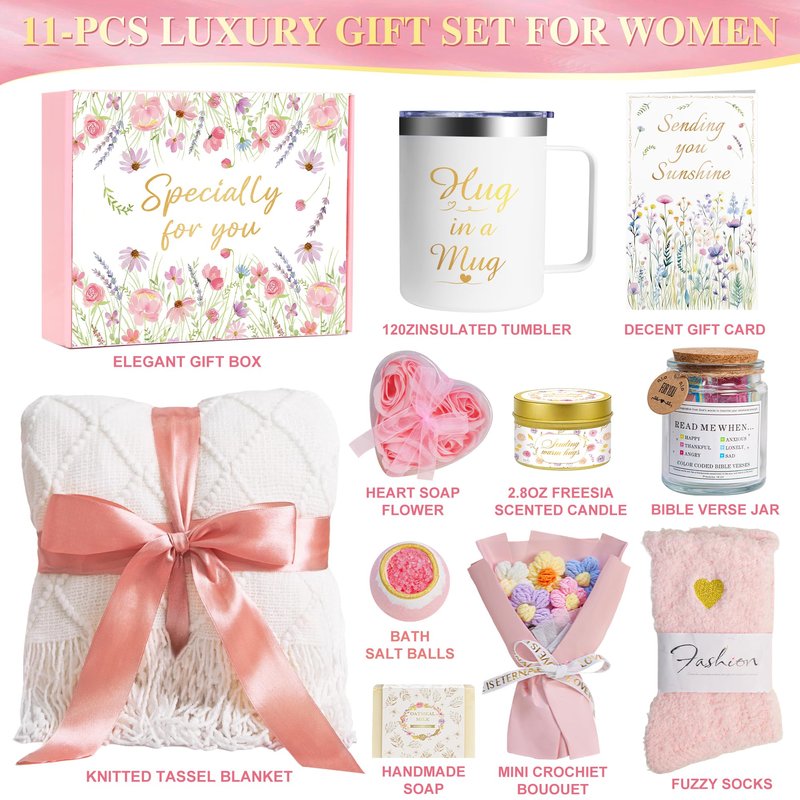 11 PCS Birthday Gifts for Women, Get Well Soon Gift Baskets for Women Self Care Gifts, Spa Care Package After Surgery Thinking of You Sympathy Gift,Gift for Sick Friends Mom w/Blanket