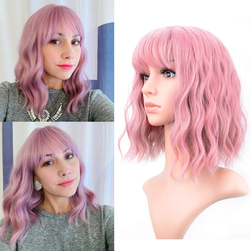 VCKOVCKO Pink Wavy Wig With Air Bangs Gift for Lady and Girls Women's Short Wigs Curly Wavy Shoulder Length Synthetic Wig for Women Daily Use Colorful Wigs(12", Purple Pink)