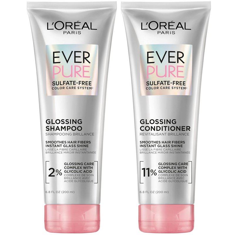 L'Oreal Paris Glossing Shampoo & Conditioner Set | Sulfate-Free with Glycolic Acid for Dull, Dry Hair - 1 Kit