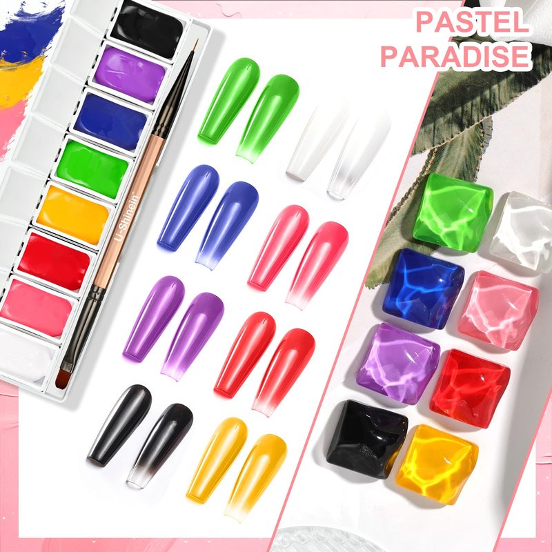 U-Shinein Omber Painting Nail Gel Kit, 8 Multi-functional Bright Colorful Gradient Gel Nail Polish for Pigment Pat Set, Painting White&Black Gel French Manicure No-wipe Soak of UV DIY Nail Art
