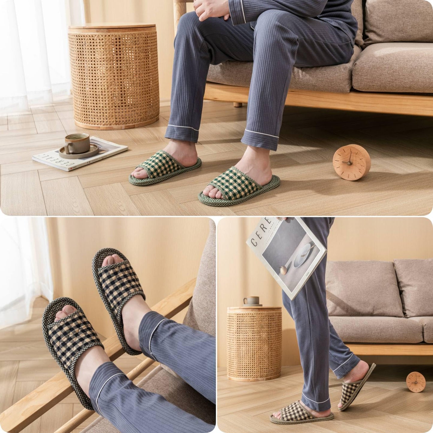biroris 3 Pairs Plaid House Slippers for Men, Open Toe Indoor Slippers Comfortable Washable Portable Foldable Guest Travel Hotel Airplane Spa Slippers