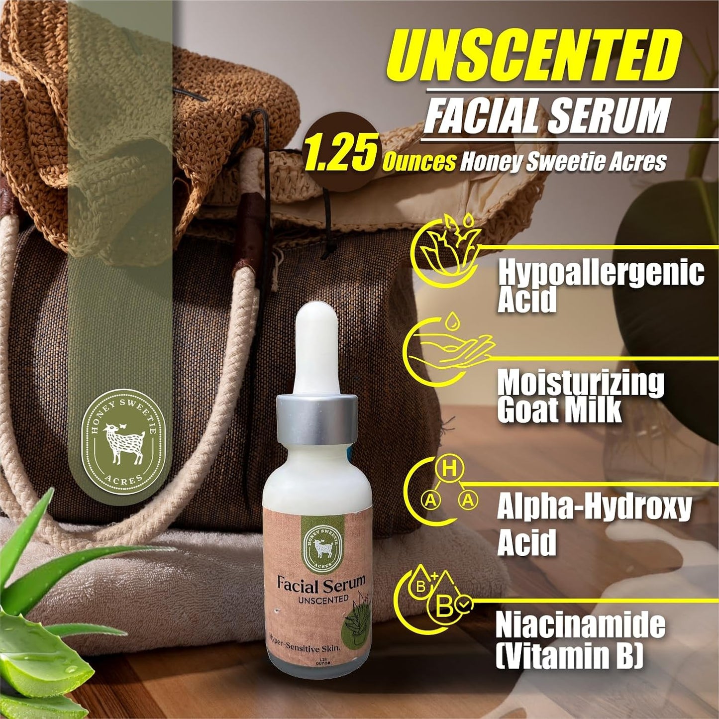 Vitamin B Facial Serum with Aloe & Niacinamide | Hydrating Raw Goat Milk & Hyaluronic Acid - 1.25 oz