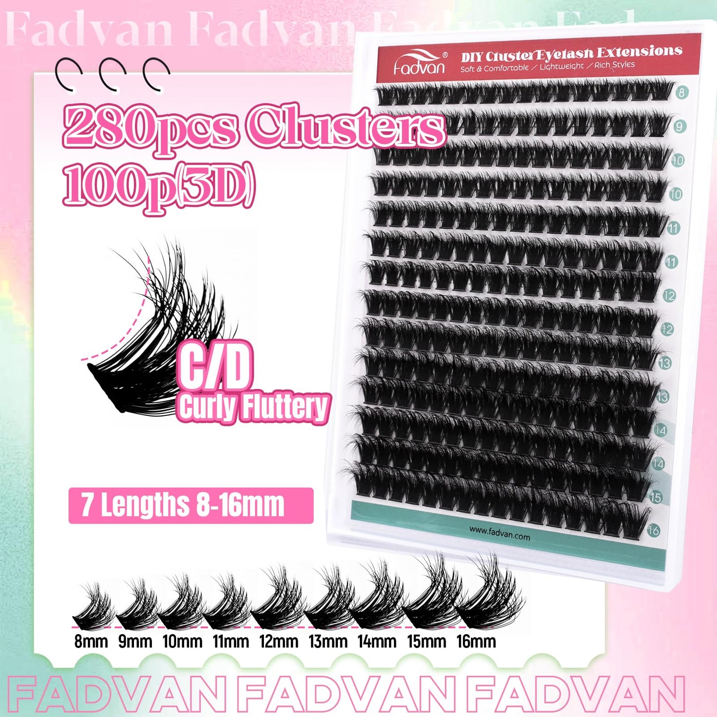 FADVAN 100D 3D Wispy Lash Clusters 280pcs, C Curl 8-16mm Individual False Eyelashes, Natural DIY Cluster Extensions for Beginners