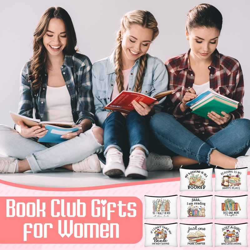 Cosblank 8 Pcs Book Club Gifts Book Lovers Makeup Bag Gifts for Women Cosmetic Bag with Zipper Pouch for Teen Adult Women Lovers Librarian Bookish Club Gifts(Book,Flower)