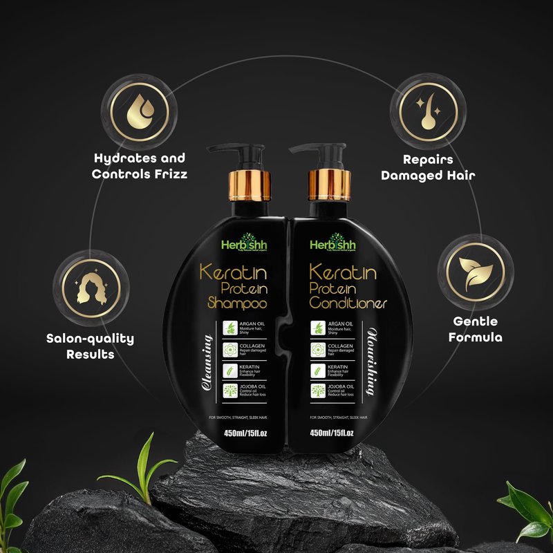 Herbishh Keratin Shampoo and Conditioner Set Anti Frizz (15 fl.oz Each) Sulfate and Paraben Free Shampoo and Conditioner Hydrating & Nourishing Enriched For Colored Treated Dry, Damaged and Dull Hair
