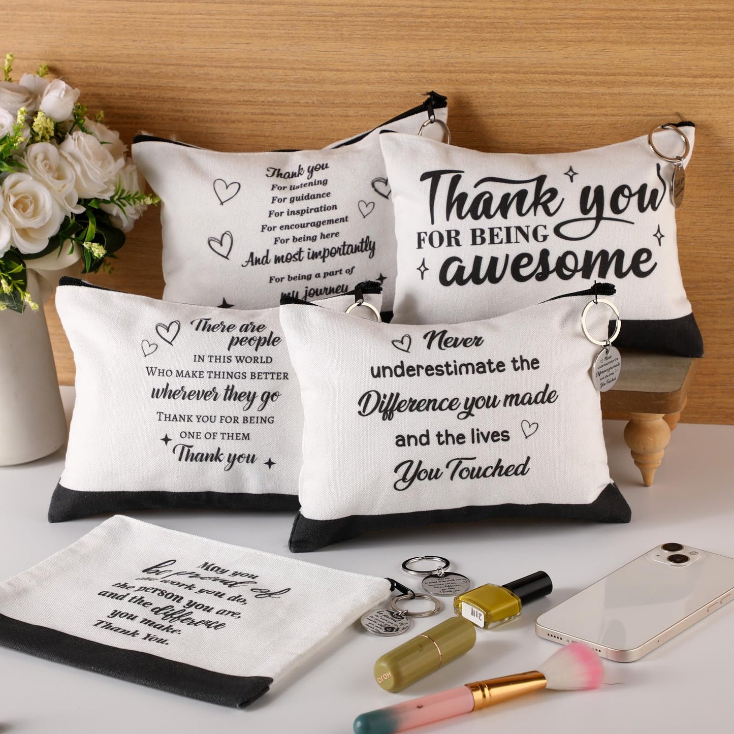 Panelee 48 Pcs Appreciation Gifts for Coworkers Bulk Inspirational Cosmetic Bags Motivational Gifts for Women Thank You Teacher Makeup Bags Christmas Gift for Employee(Black, White,Novelty Style)