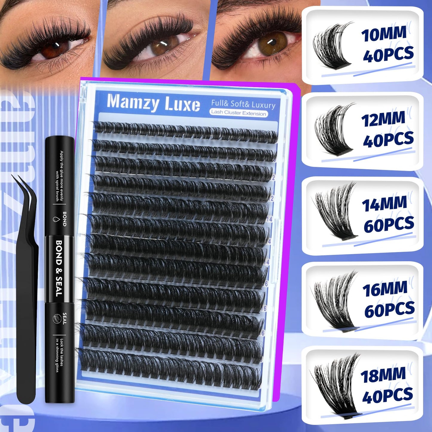 Lash Clusters Kit Wispy 10-18MM Eyelash Clusters Kit Full Volume D-curly False Eyelashes 80D Individual Lashes Clusters 3D Luxury Cluster Eyelash Extension Kit by MAMZY LUXE