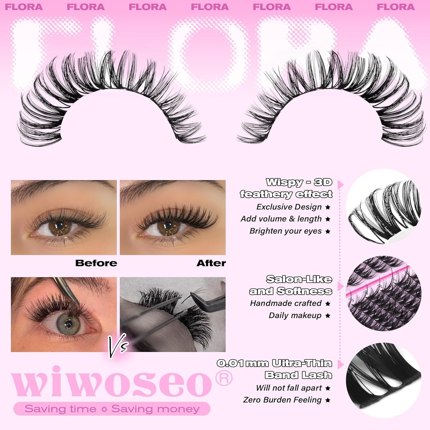 Flora Lash Clusters Kit - Wispy D Curly Eyelash Extensions for DIY | Natural Individual Lashes (10-14MM)