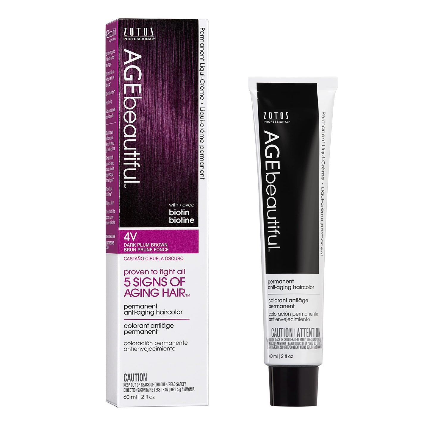 AGE beautiful Permanent Hair Dye 4V Dark Plum Brown - Burgundy Brown / Violet Brown Hair Color Cream with 100% Gray Coverage, Anti-Aging Biotin Formula for Thicker, Fuller Hair, Salon Quality