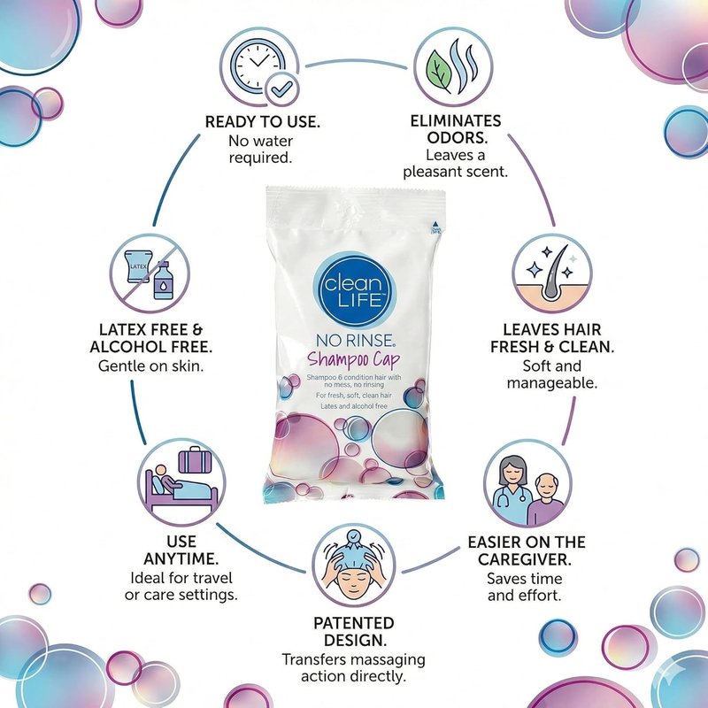 No-Rinse Shampoo Cap - Waterless Hair Washing & Conditioning | 5 Pack, Disposable, Hypoallergenic for Elderly & Patients