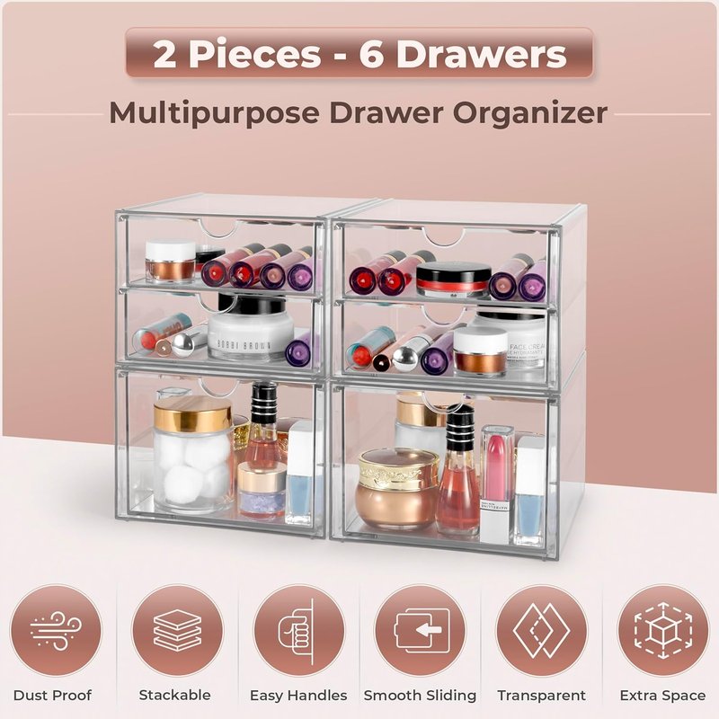 Acrylic Makeup Organizer With 6 Drawers - Stackable Storage Bins for Makeup, Office Supplies & Jewelry | Clear Design