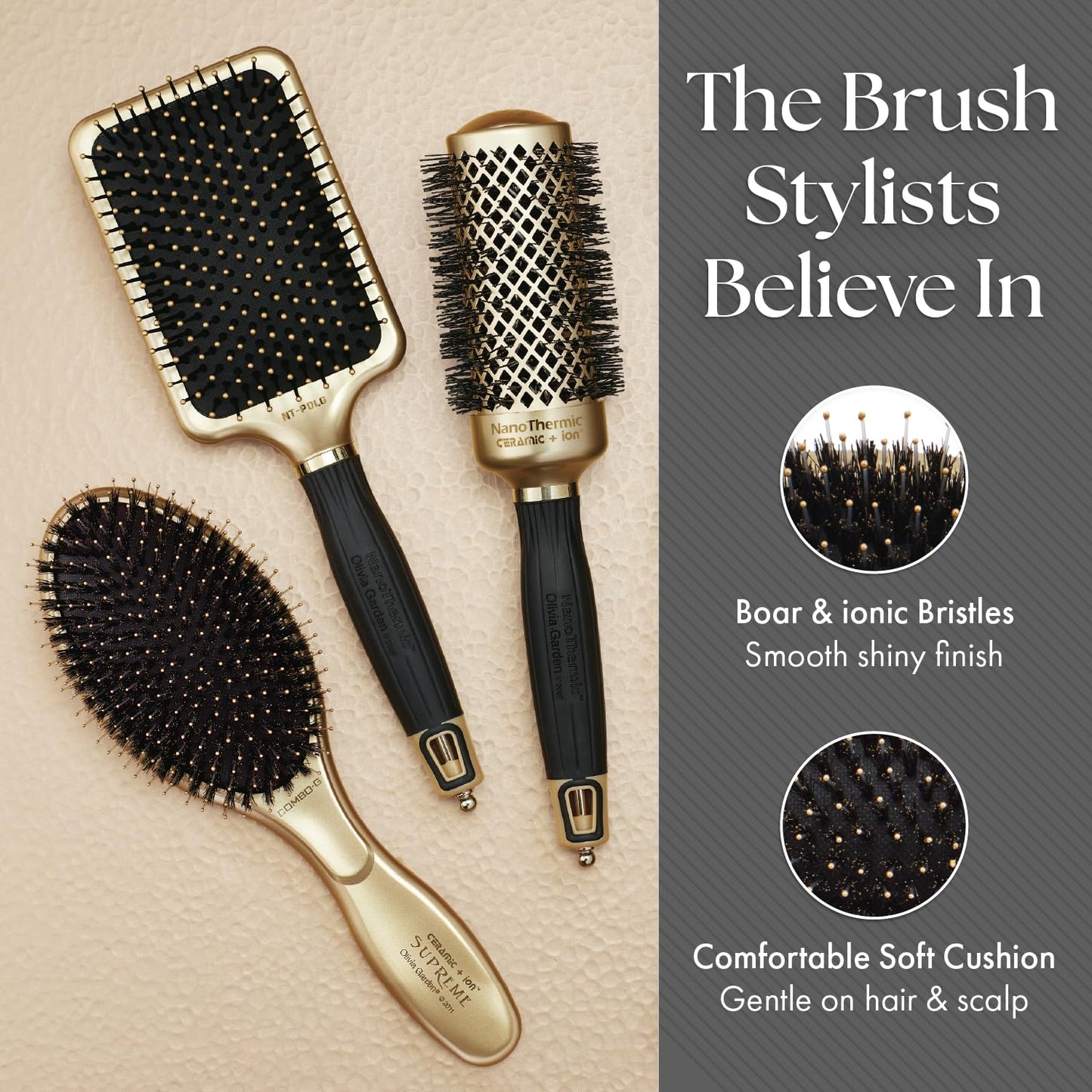 Olivia Garden Ceramic + Ion Supreme Paddle Hair Brush for Men and Women - Professional Boar Bristle Hair Brush for All Hair Lengths - Frizz-Free Results