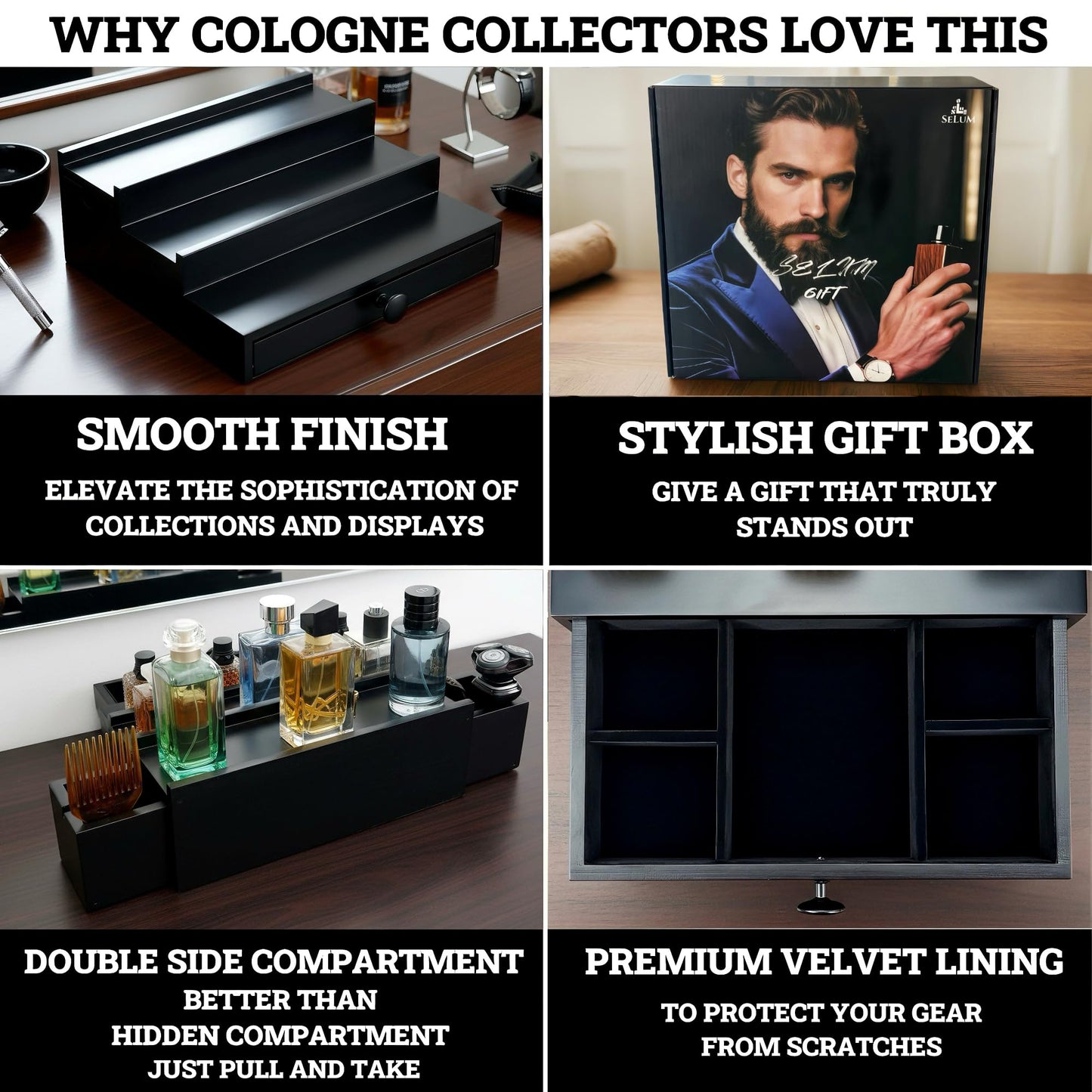 SeLuM Wooden Cologne Organizer for Men 3 Tier | Black Perfume Holder Shelf for Dresser | High Grade Velvet Lining and Stylish Gift Box | Uncluttered Design Perfume Display Stand