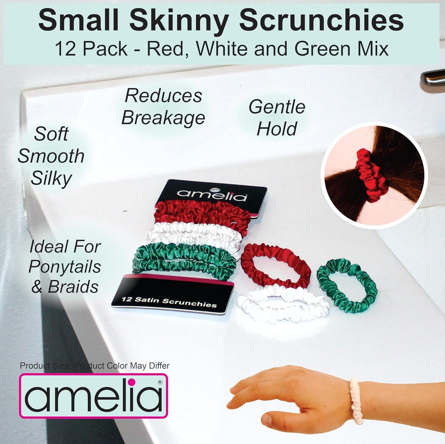 Amelia Beauty, Black, Skinny Satin Scrunchies, 12 Pack – 2in Diameter, Gentle & Strong Hold, No-Snag, No-Dent, Crease-Free Hair Ties