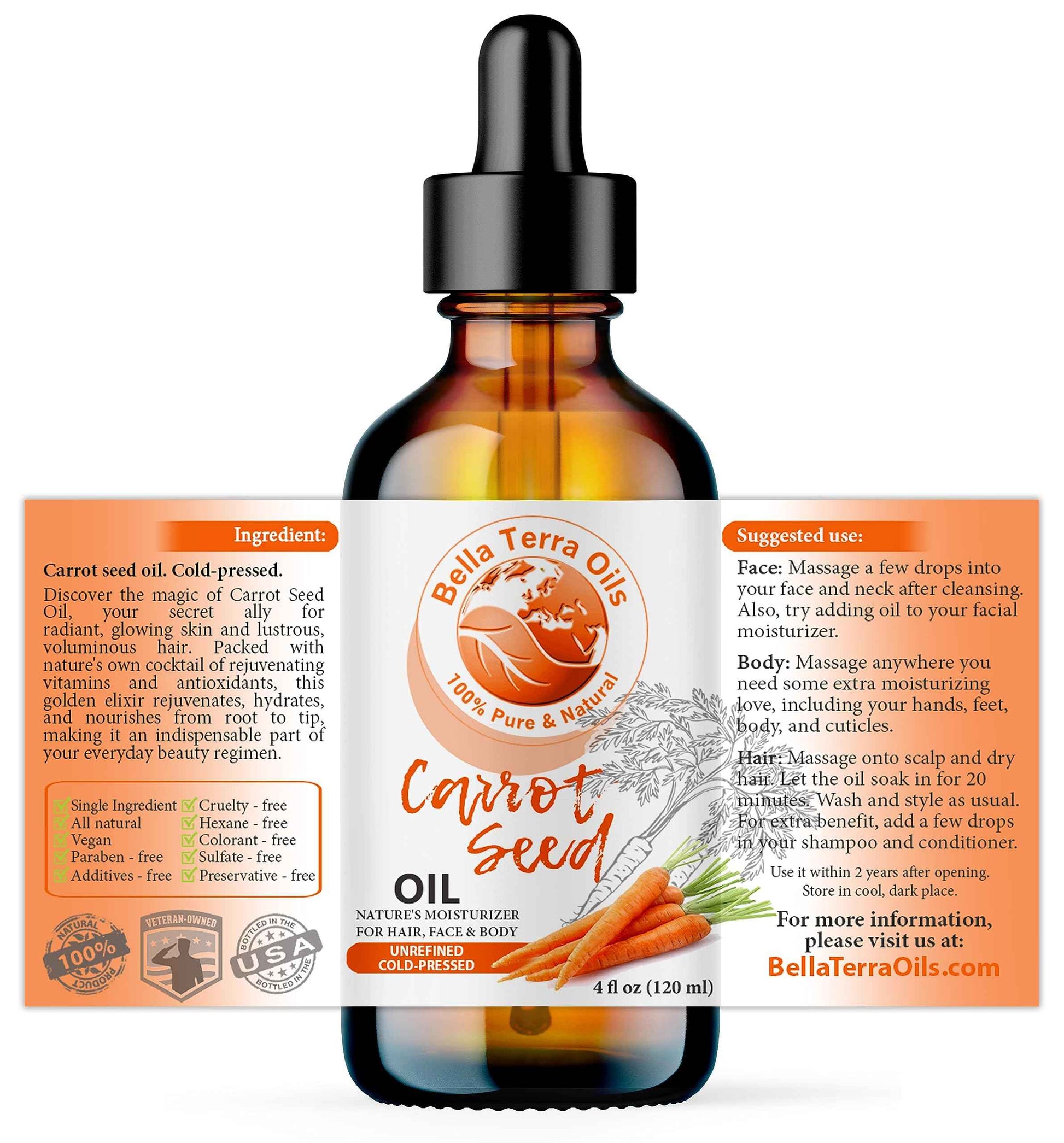 Bella Terra Oils - Organic Carrot Seed Oil 4oz - Celebrate the Nutrient-Rich Legacy of Organic Carrots, High in Vitamin K & Phytosterols, For a Supple & Radiant Appearance