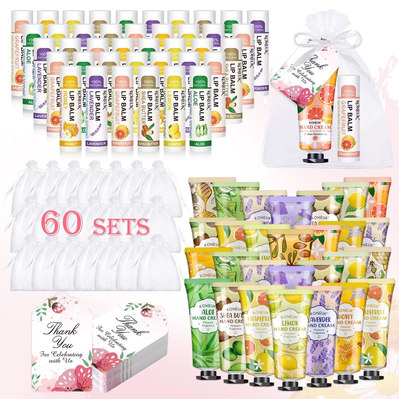 KONEUK 60 Pack Hand Cream Bulk and Lip Balm Bulk Sets, Mothers Day Gifts and Bridal Shower Gift for Guests, Teacher Appreciation Gifts, Nurses Week Gift, Birthday Gift, Small Gifts for Women