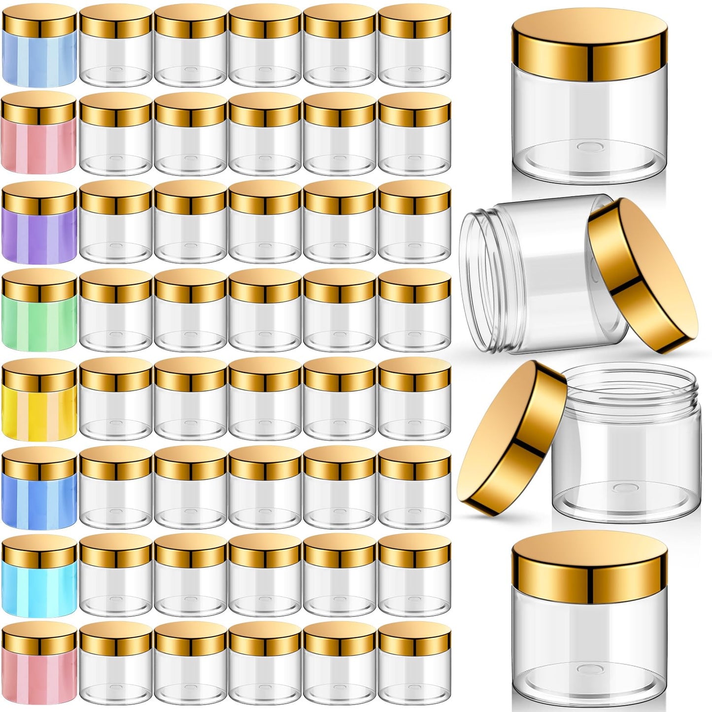 Patelai 48 Pack 4 oz Clear Plastic Jars with Gold Lids Empty Containers Round Clear Plastic Jars Wide-mouth Refillable Storage Organizers for Cosmetics Lotions Butters Slime Making and Food Storage