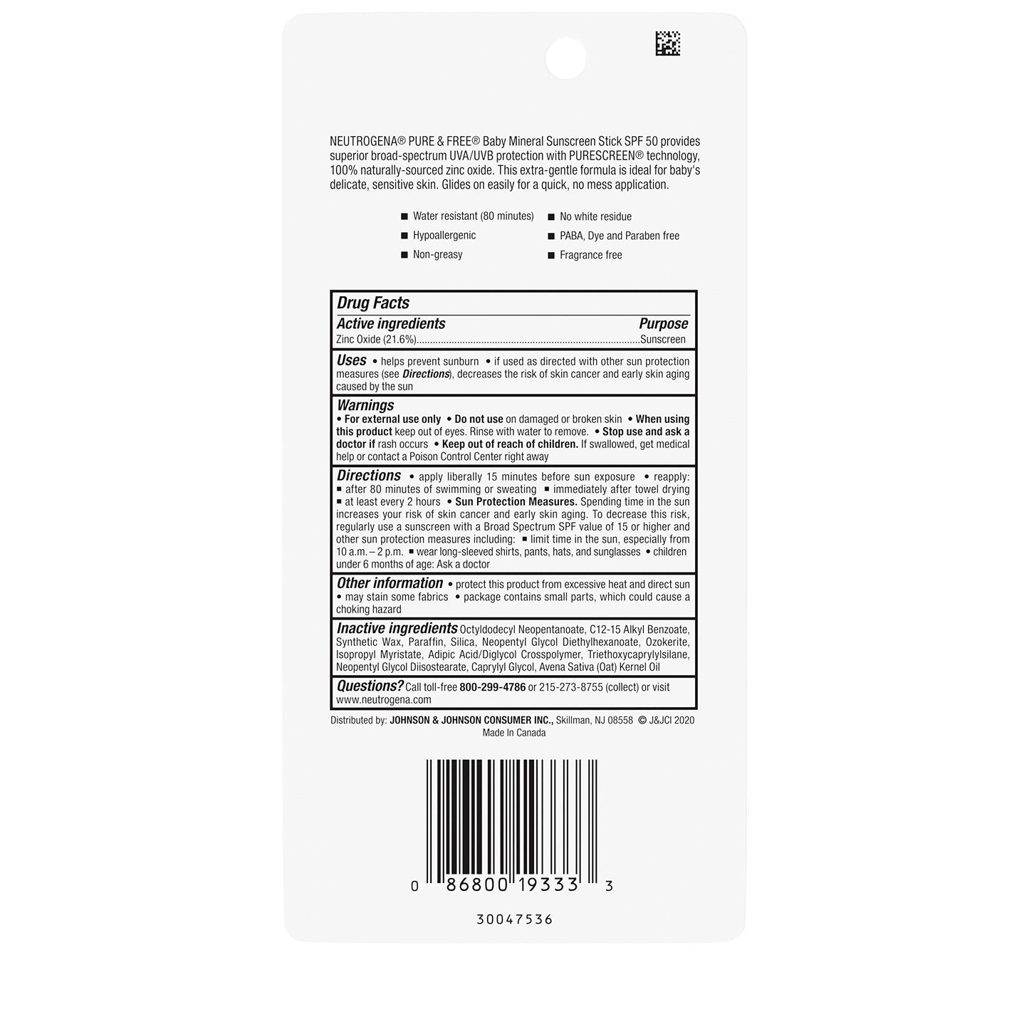 Neutrogena Pure & Free Baby Mineral Sunscreen Stick with Broad Spectrum SPF 50 & Zinc Oxide, Water-Resistant, Hypoallergenic, Paraben-, Dye- & PABA-Free Baby Face & Body Sunscreen, 0.47 oz (Pack of 2)