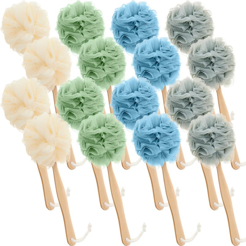 LemonRoad 16 Pcs Large Bath Body Back Brush Loofah on a Stick with Long Handle Back Scrubber for Shower PE Body Bath Sponge Soft Spa Mesh Brush Wash Exfoliating Luffas for Men Women