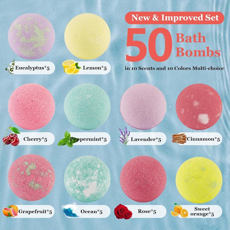 Bath Bombs Gift Set - 50 Pcs Natural Organic Bubble Bath Bombs with 10 Scents | Perfect for Spa, Birthdays & Holidays