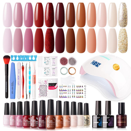 Gellen Gel Nail Polish Kit with U V LED Light 72W Nail Dryer, Fall Winter Red Burgundy Nude Pink Gel Polish Kit 12 Colors, No Wipe Top Base Coat, Nail Art Decorations, Manicure Tools