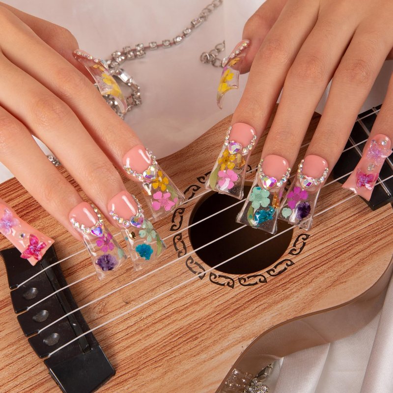 LOVFUL Press on Duck Nails Flora | Salon Quality Handmade Acrylic with Full Covered Crystals | Reusable Fake Nails | Duck Classic Regular 1.3 in | H176-M