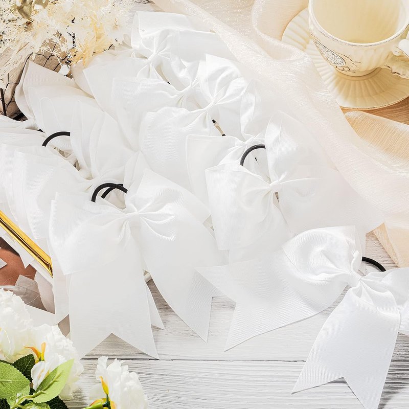 Cheer Hair Bows for Girls - 50 Pcs 8" White Large Cheerleading Bows with Elastic Ponytail Holders | Perfect for Sports Teams & Dance Accessories