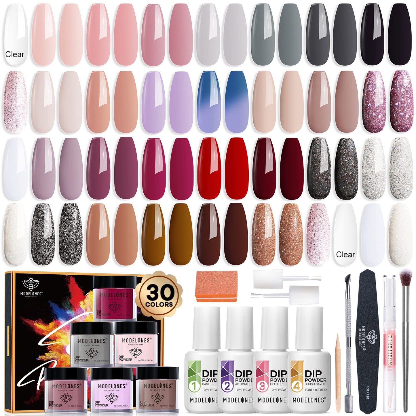 Modelones Dip Powder Nail Kit - 42 Pcs with 30 Colors of Nude Pink Dipping Powder | Essential Liquid Set for DIY Nail Art