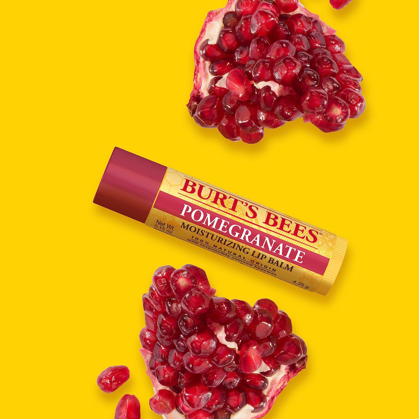 Burt's Bees Lip Balm, Pomegranate, Lip Moisturizer With Responsibly Sourced Beeswax, Tint-Free, Natural Origin Conditioning Treatment, 0.15 oz., Four Tubes