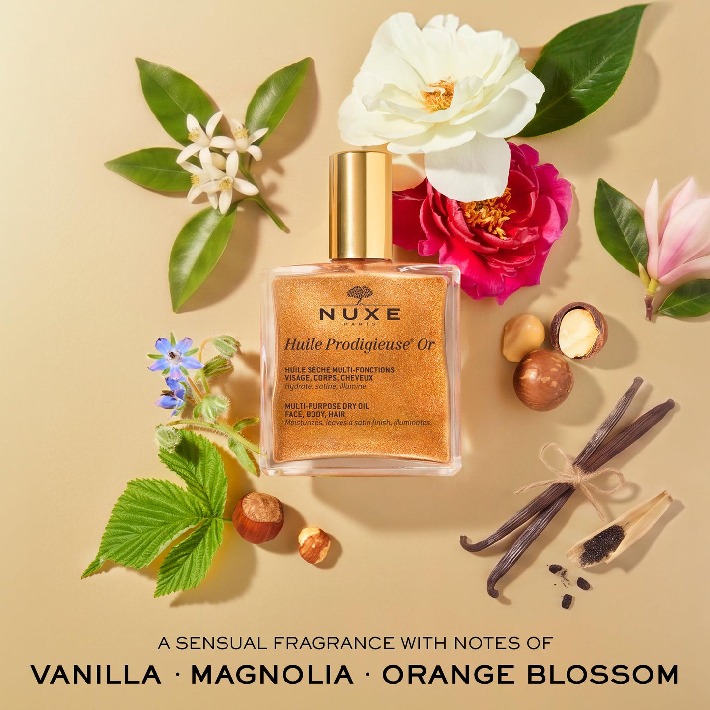 NUXE Huile Prodigieuse Shimmer Dry Oil With 7 Botanical Oils for Radiant Glow & Hydration for Face, Body & Hair, 1.6 Fl Oz