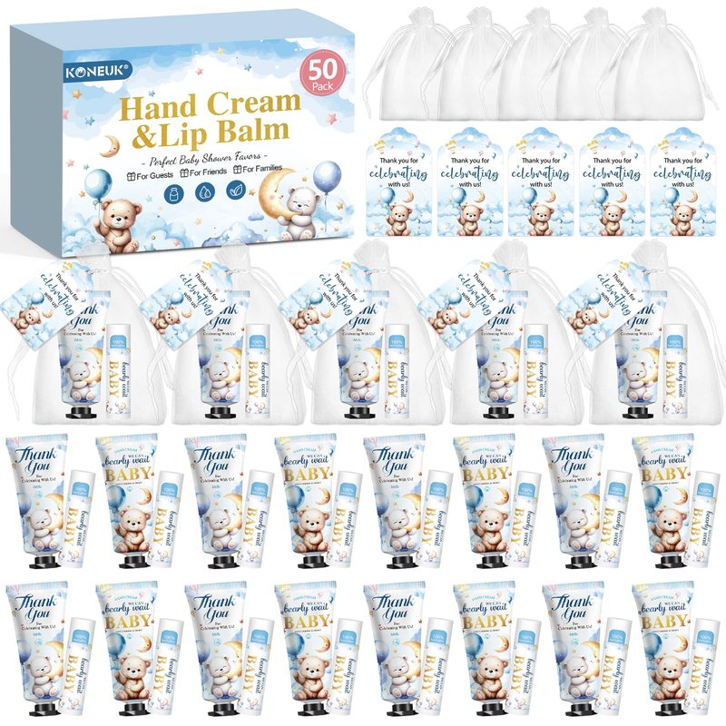 50 Pack Lip Balm and Hand Cream Bulk Gifts Sets, Baby Shower Party Favors and Bridal Shower Favors for Guests with Thank You Card and Organza Gift Bags, Thank You Gifts Bulk, Baby Shower Prizes (Bear)