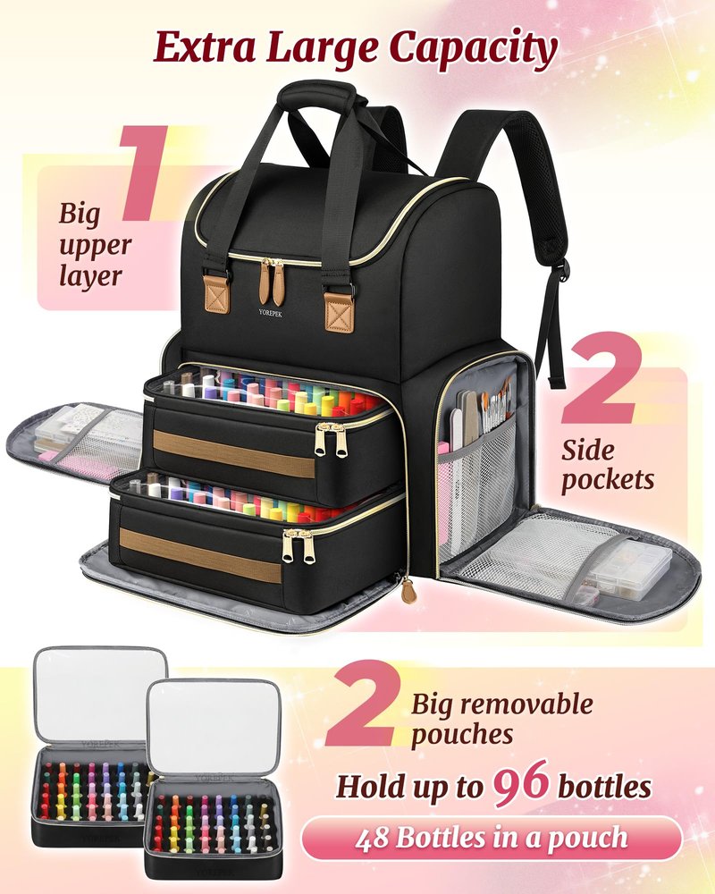 YOREPEK Extra Large Nail Polish Organizer Case Backpack Holds 96 to 100+ Bottles(15ml/0.5 fl.oz) UV Nail Lamp,Nail Organizers and Storage with 2 Removable Pouches Fits Nail Stuff,Gifts for Manicurist