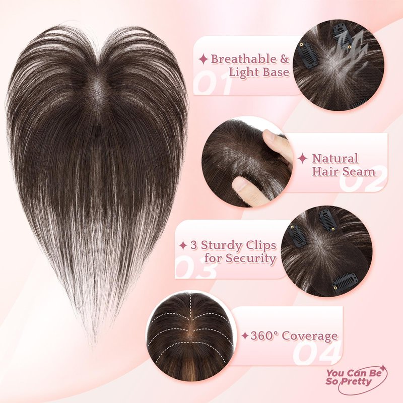SEGO SEGOHAIR Hair Toppers for Women Real Human Hair with Bangs 360°Cover 3D Clips 2.76"x4.33" Breathable Lace Base 11 Inches Lightweight Hairpieces Wispy Bangs Dark Brown