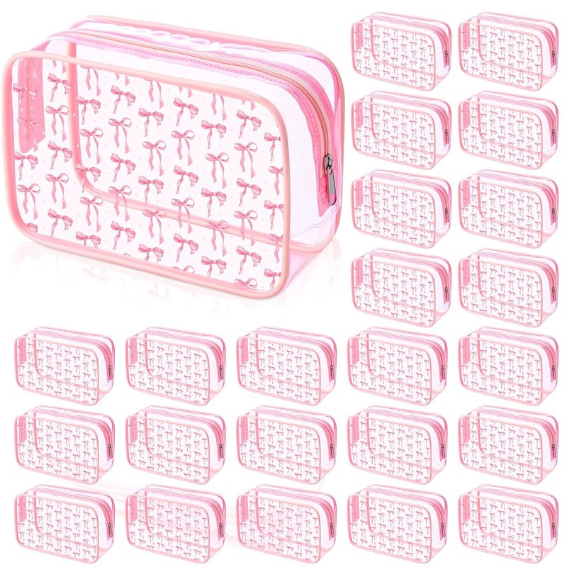 12 Pcs Pink Bow Cosmetic Bags - Clear PVC Makeup Pouches for Travel | Perfect Gift for Women