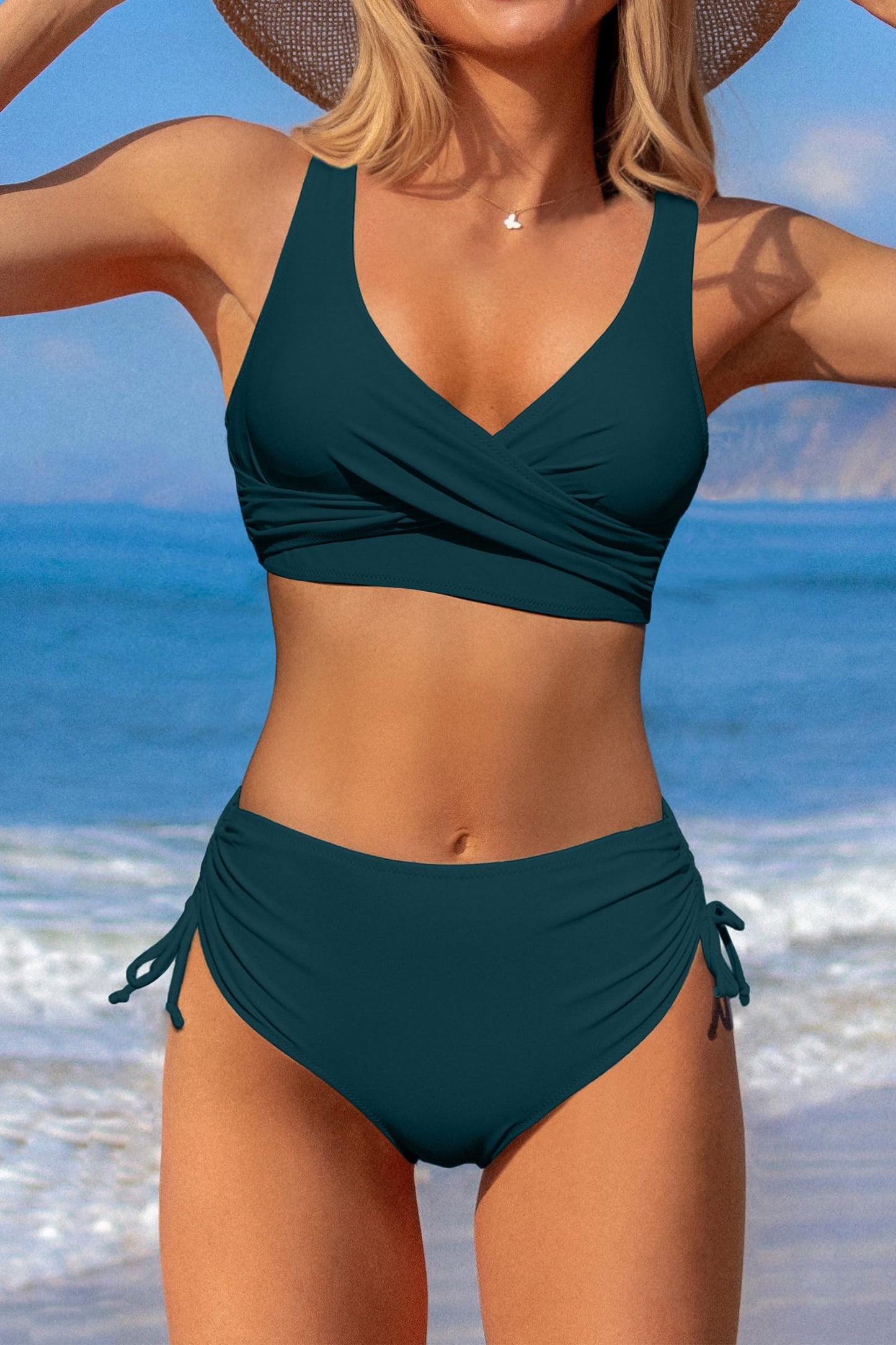 Beachsissi Women's High Waist Bikini Twist Front Tie Back 2 Piece Swimsuits, Teal, M