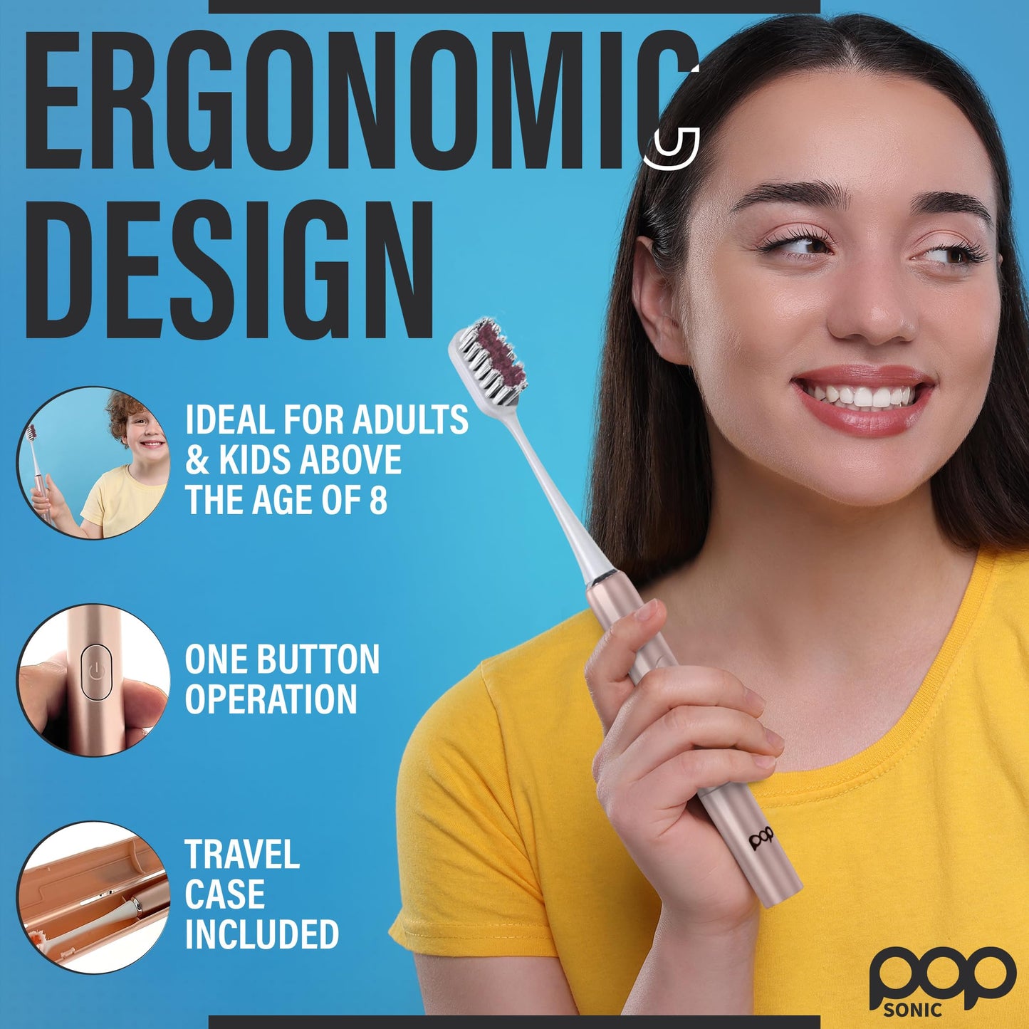 Pop Sonic Electric Toothbrush – Electric Toothbrush for Adults – Bathroom Essentials & Travel Essentials – Dupont Nylon Bristles –18000-24000 Strokes/Min w/AAA Battery – 2 Speed – Go Plus (Rose Gold)