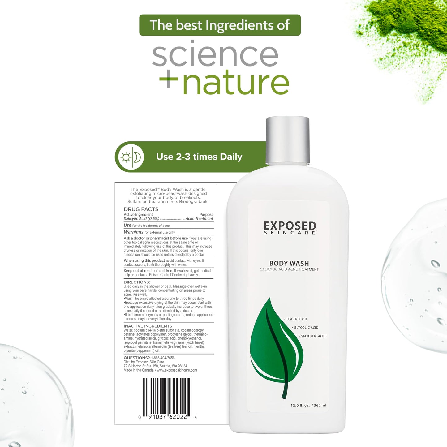 Exposed Skin Care, Body Acne Wash with Salicylic Acid, Glycolic Acid and Tea Tree Oil – Tri-Powered Gentle Exfoliating Cleanser for Back, Chest and Body Acne – Natural, Non-toxic and Cruelty Free