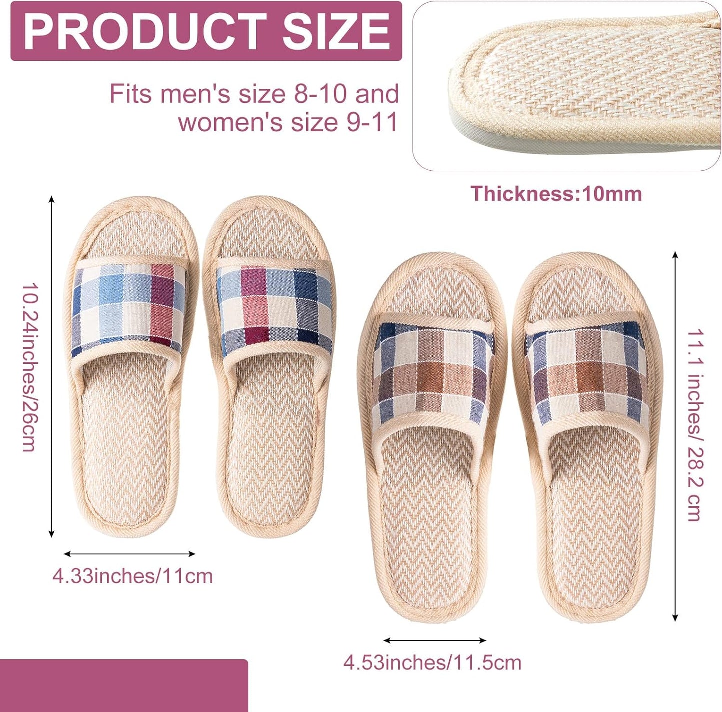 10 Pairs Washable Open Toe House Slippers - Breathable Non-Slip Casual Spa Footwear | 4 Large + 6 Medium Sizes