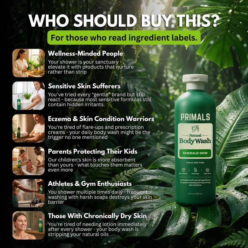 PRIMALS Natural Body Wash - Aloe Vera, Raw Honey, Green Tea - Natural Ingredients - Zero Artificial Fragrances, Sulfates, Parabens, or Dyes - 13.5 Fl Oz