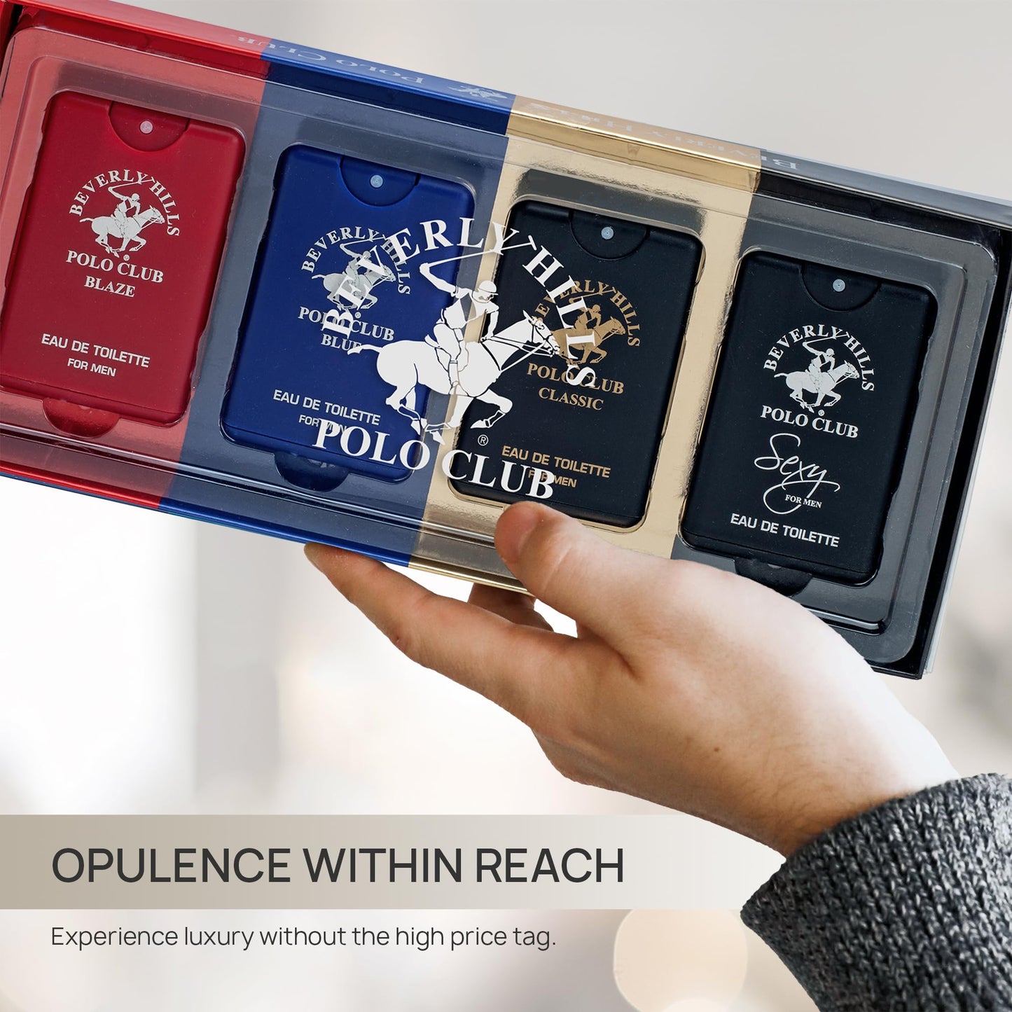 Beverly Hills Polo Club MENS 4PC 20ML POCKET SPRAY - ORIGINAL STRIPED - CONTAINS BLAZE/CLASSIC/BLUE/SEXY