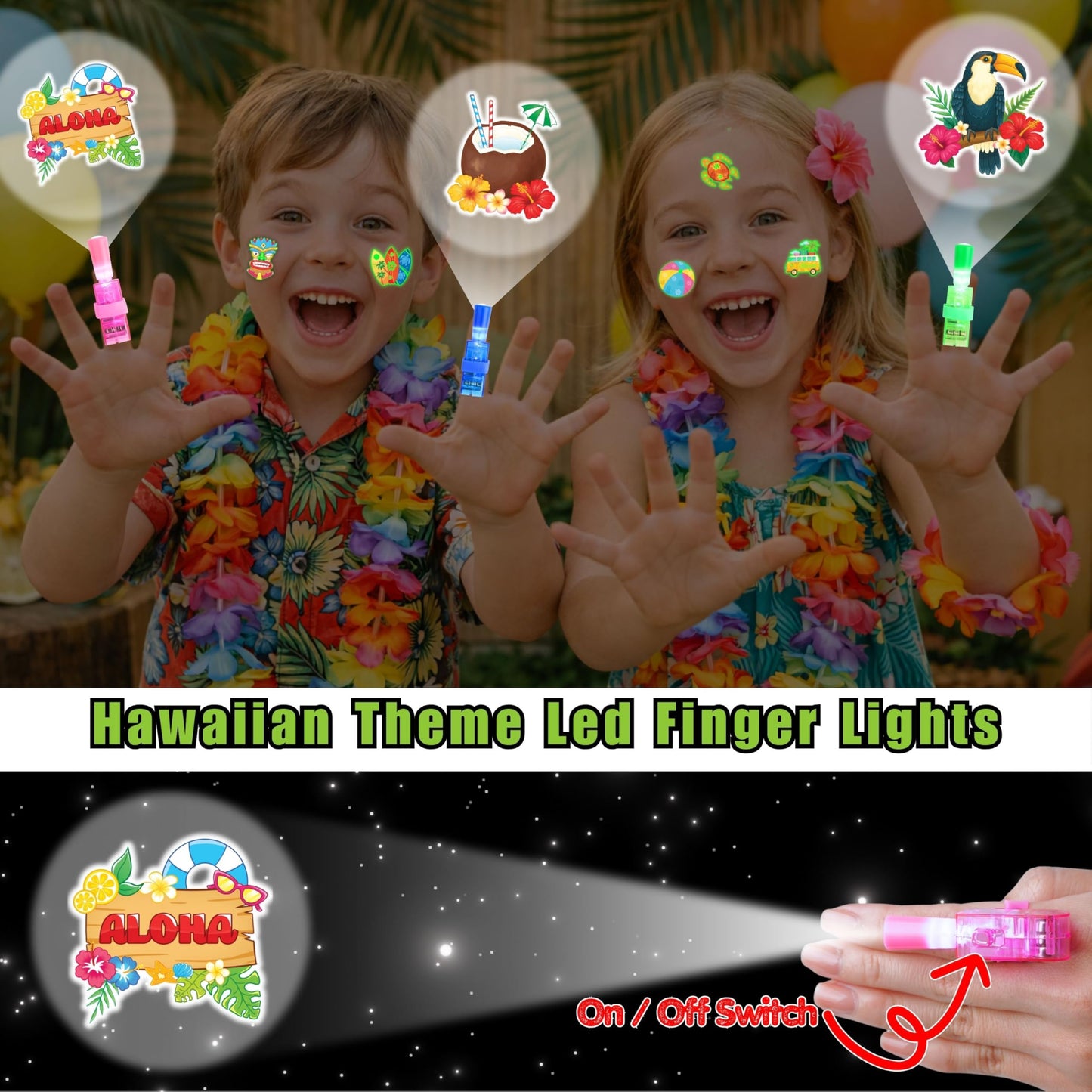 72 PCS Glow In The Dark Hawaiian Party Favors – 48 PCS Luminous Tattoos & 24 PCS LED Finger Lights Combo – Birthday Goodie Bag Fillers, Party Supplies, Gifts Light Up Toys for Boys and Girls